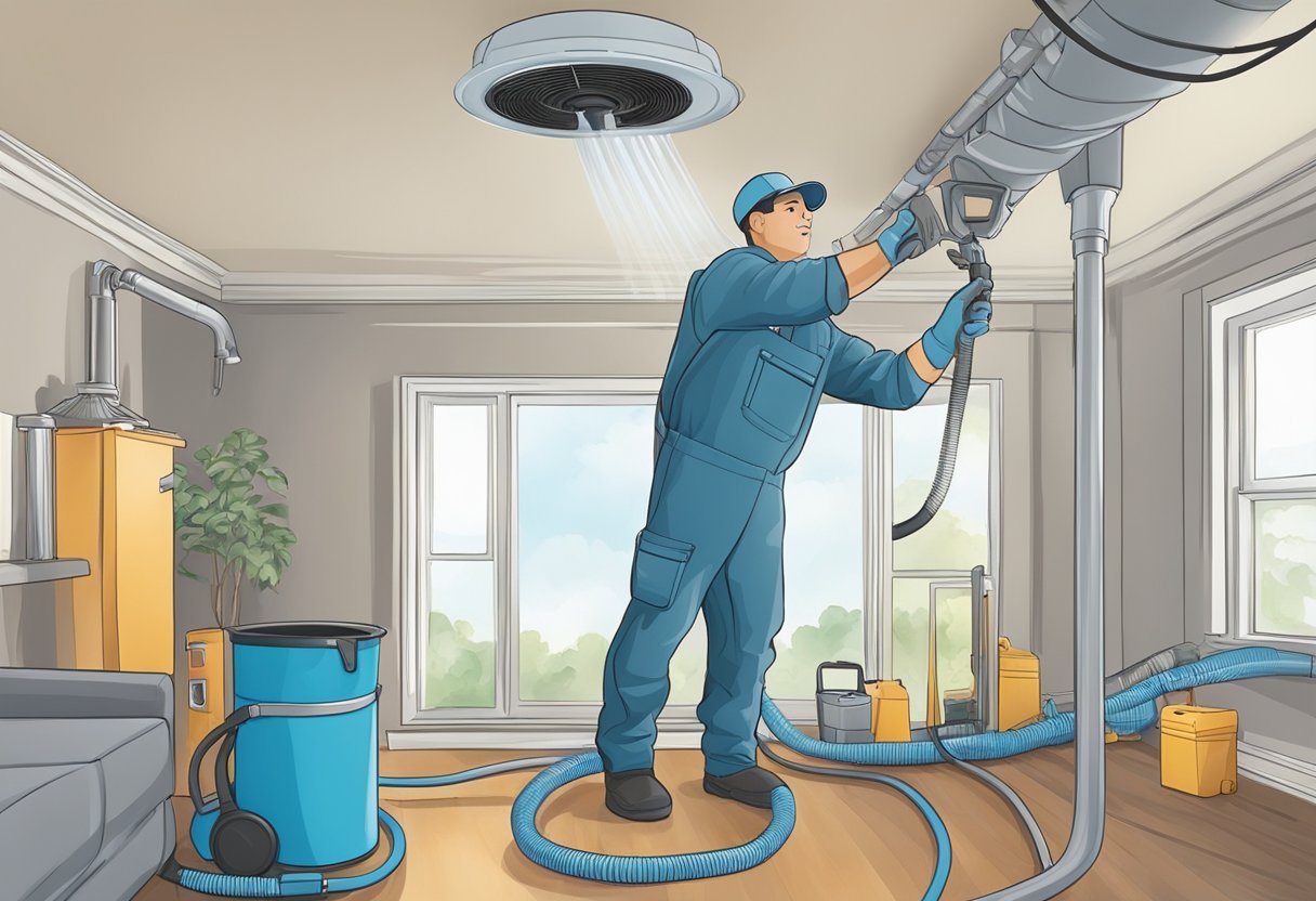 A technician cleans air ducts in a residential home, using specialized equipment and tools. The scene shows the technician in action, with a focus on the cleaning process and the tools being used