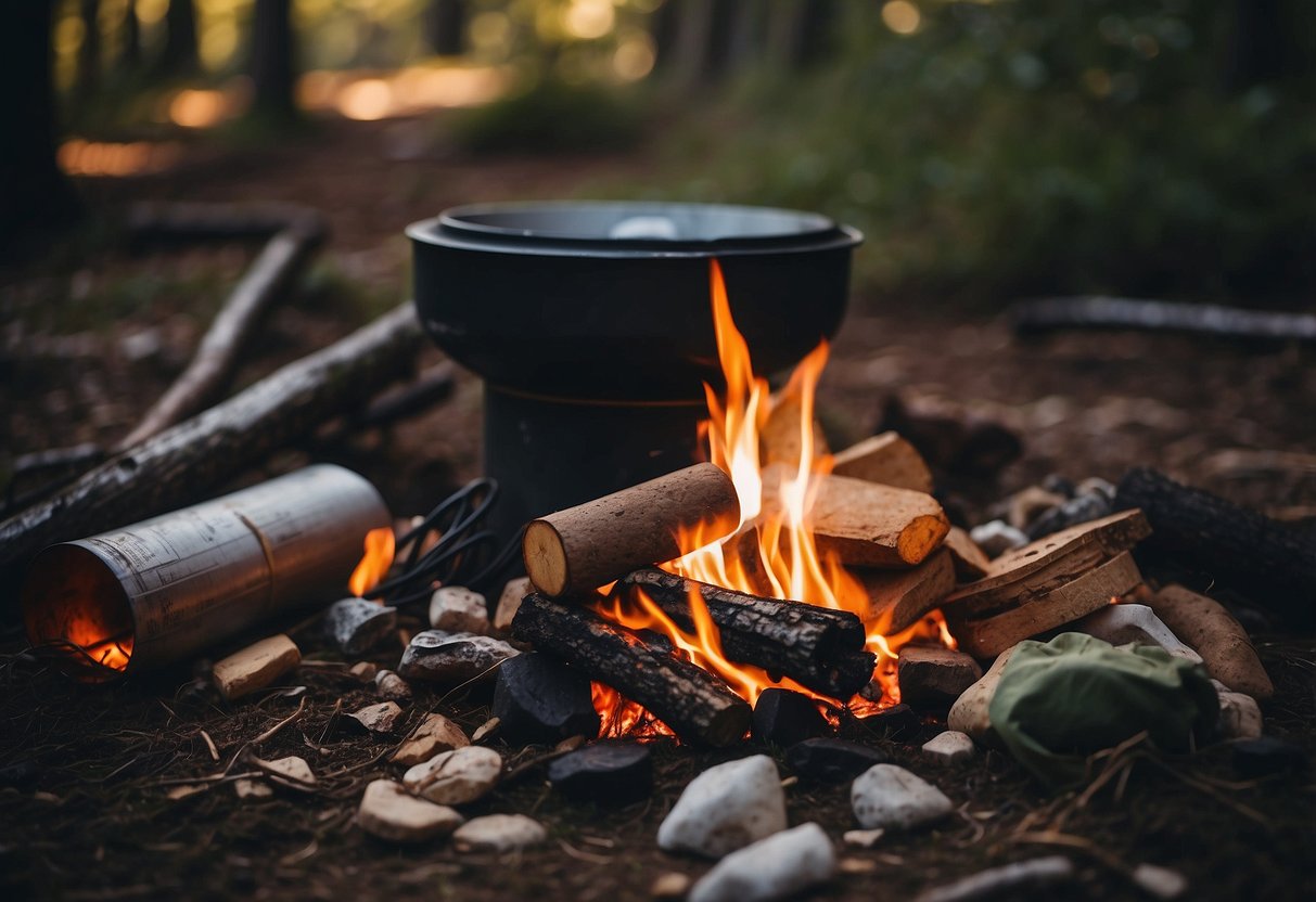 A campfire burns safely, surrounded by backpacking waste materials. Seven tips for managing waste are displayed nearby