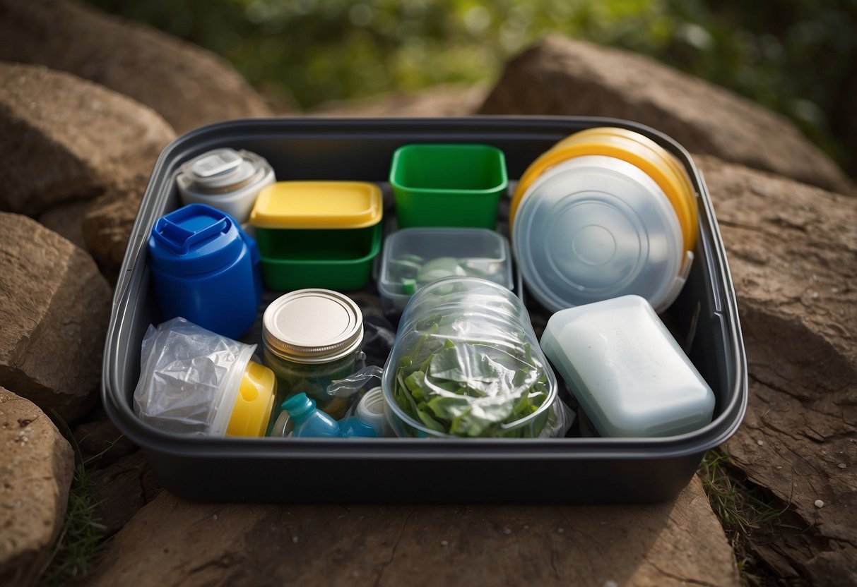 A backpacker carefully packs reusable containers, compacting items to save space. They separate recyclables and minimize single-use packaging