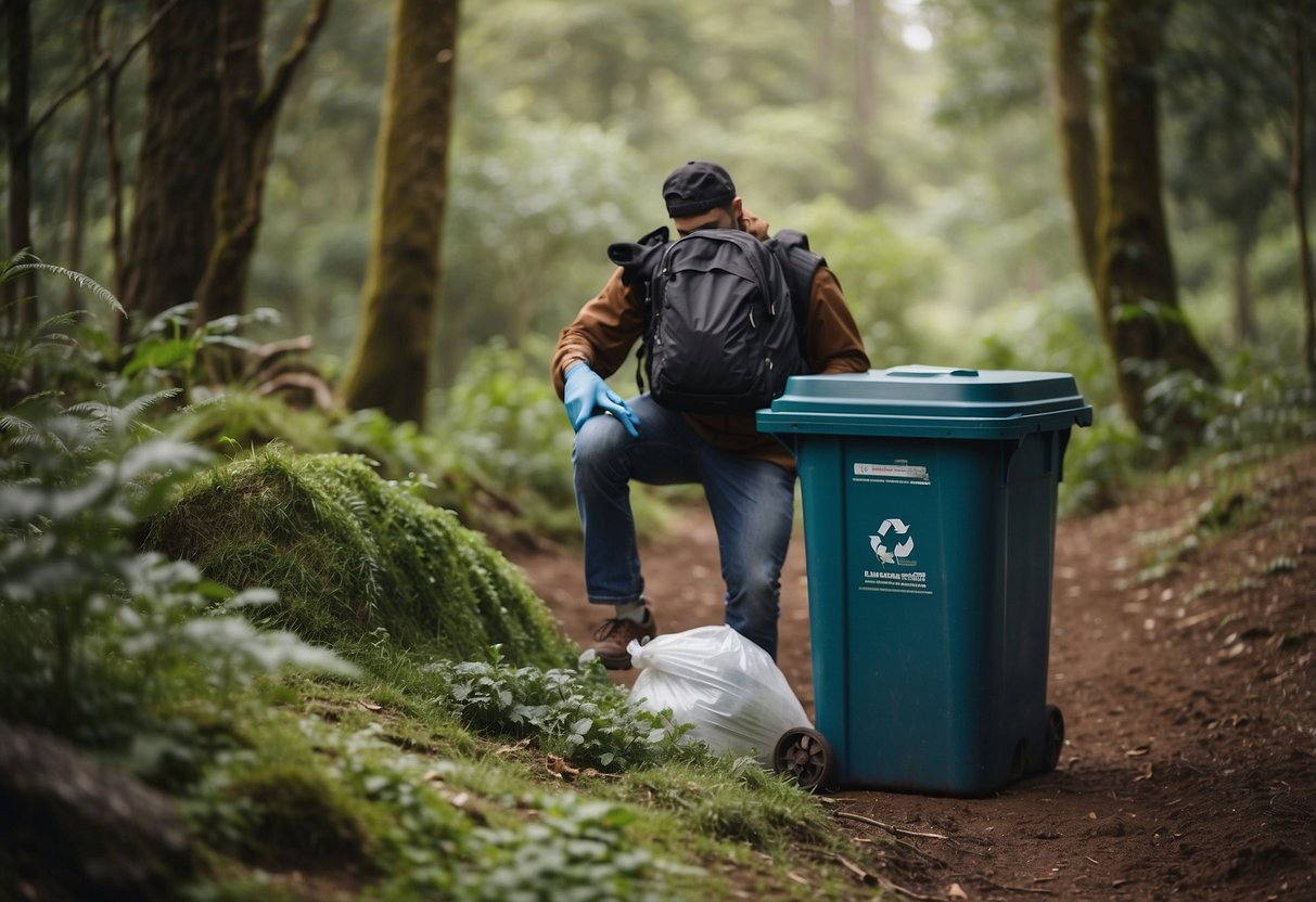 A backpacker tosses biodegradable waste into a designated composting area. Non-biodegradable items are sorted into separate recycling bins. The scene is set against a picturesque natural backdrop