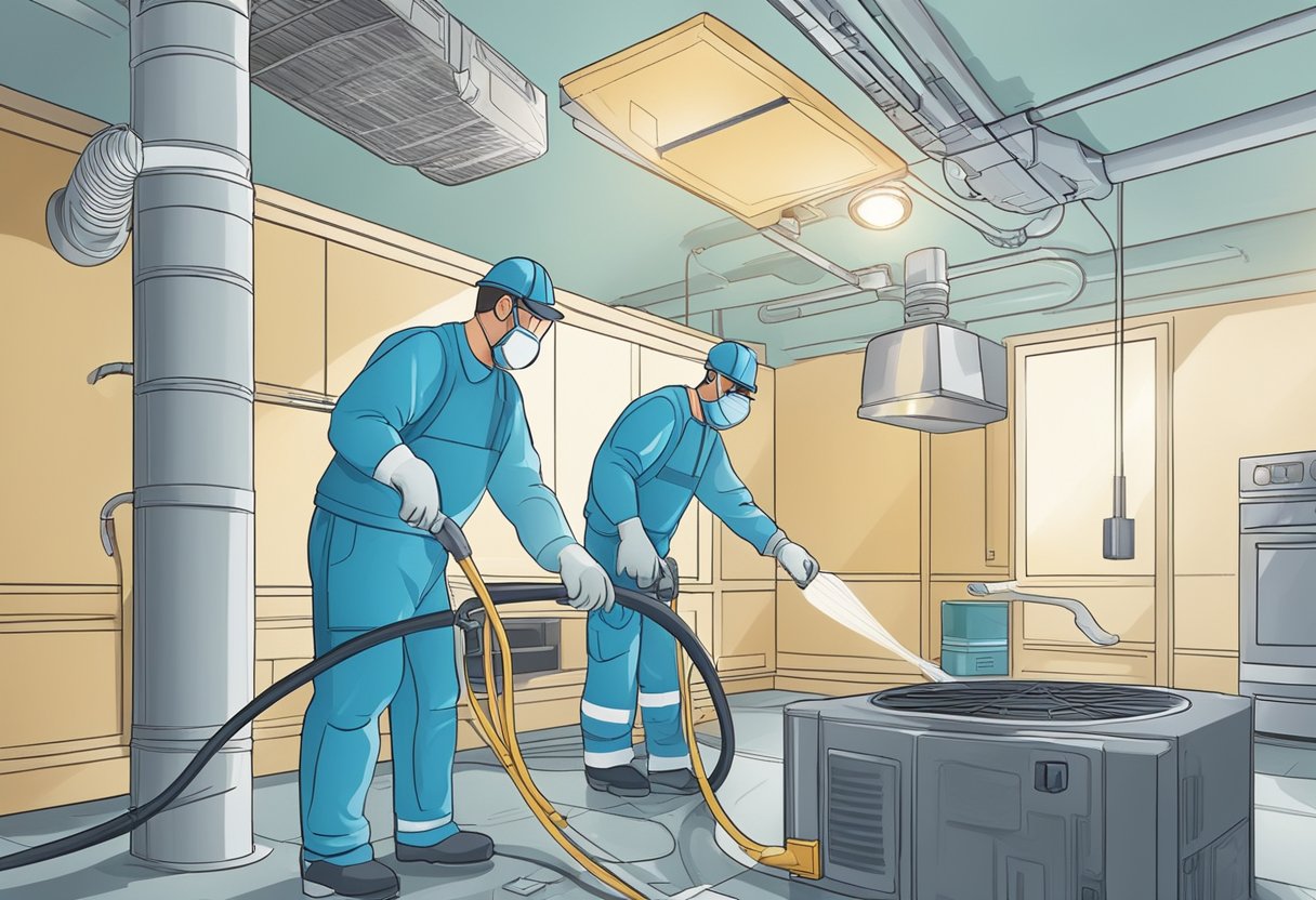 A technician in protective gear cleans air ducts in a residential home, surrounded by HVAC equipment and tools. The scene is well-lit and emphasizes cleanliness and professionalism