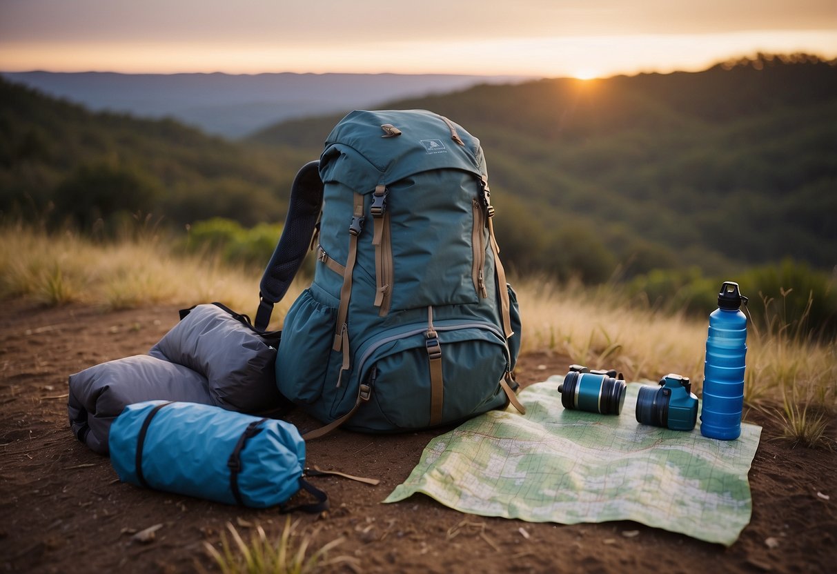 A backpack, tent, sleeping bag, water bottle, and map lay on the ground. In the background, a beautiful Australian landscape awaits exploration