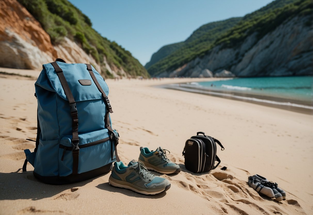 A serene beach with a clear blue sky, surrounded by lush greenery and rocky cliffs. A backpack and hiking gear are laid out on the sand, ready for an adventure