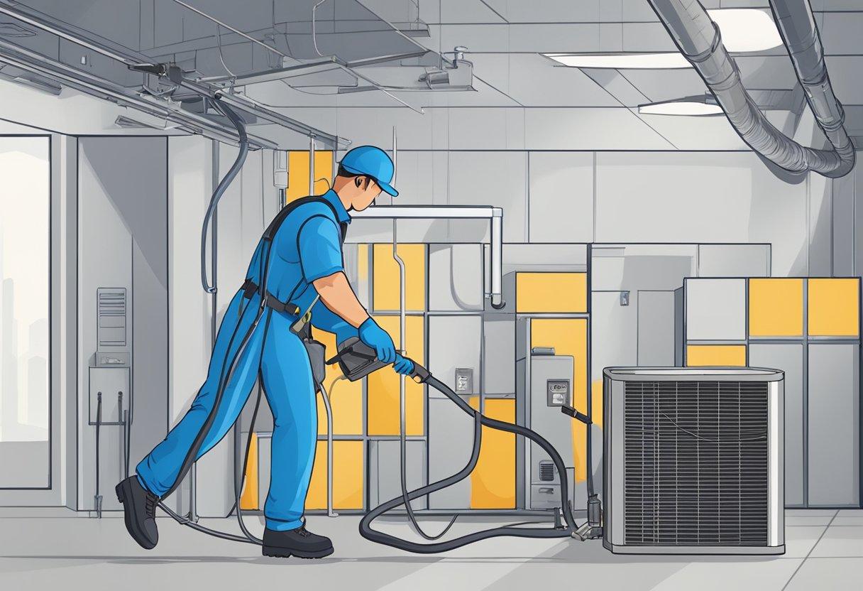 A technician in uniform cleans a large air duct with specialized equipment in a commercial building. Dust and debris are being removed, emphasizing the importance of air duct cleaning