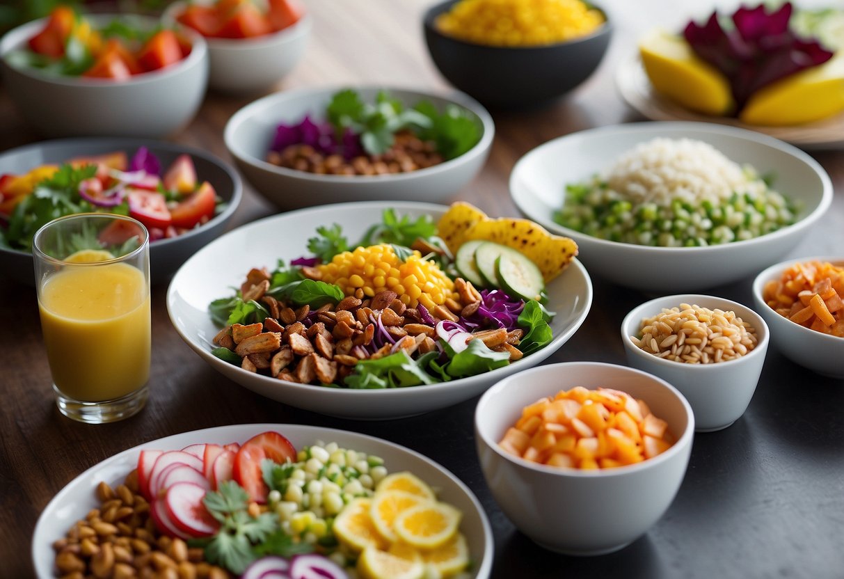 A table with 10 colorful and appetizing dishes, including salads, smoothie bowls, and wraps. Each meal is presented in a vibrant and inviting way, showcasing a variety of fresh ingredients