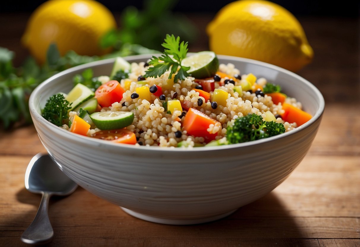 A vibrant bowl of quinoa salad sits on a wooden table, topped with colorful vegetables and drizzled with zesty lemon dressing