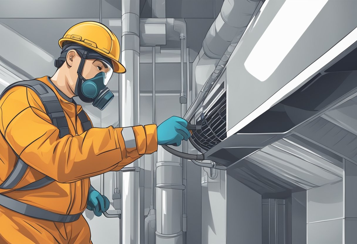 A technician in protective gear cleans an air duct with specialized equipment in a commercial building, following health and safety standards