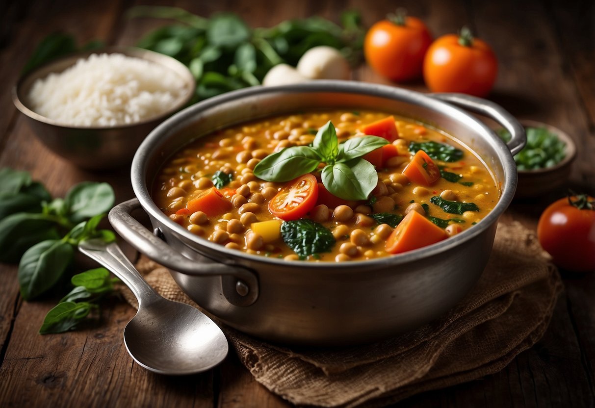 A bubbling pot of lentil and vegetable curry, surrounded by colorful ingredients like carrots, spinach, and tomatoes, sits on a rustic wooden table