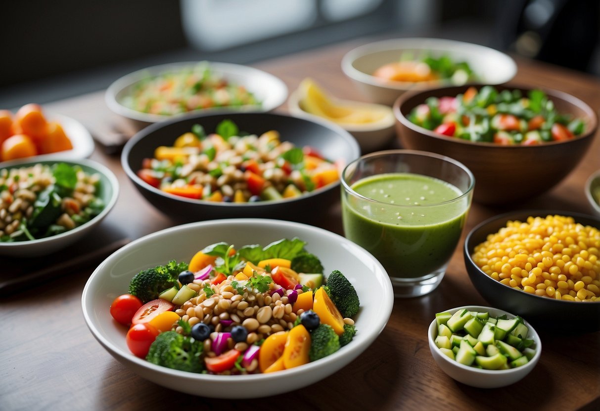 A table set with a variety of colorful and vibrant lightweight and nutritious meal options, including salads, smoothie bowls, and vegetable stir-fries