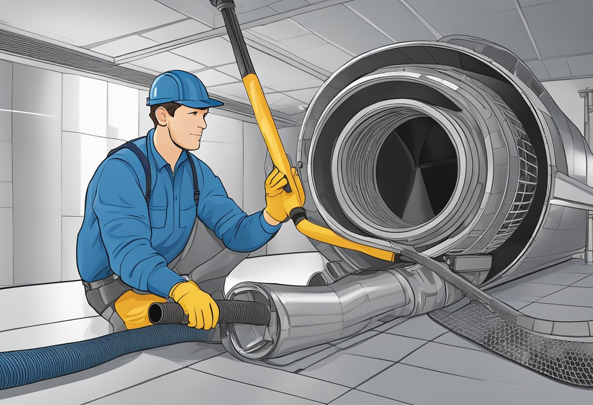 A technician uses a powerful vacuum and brush to clean the interior of a commercial air duct, removing dust and debris. The duct is shown as a large, metal cylindrical tube with vents and grates