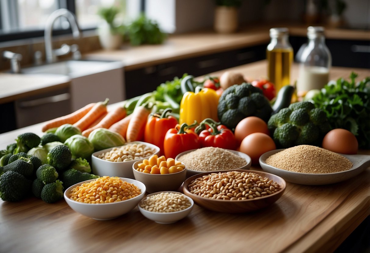 A variety of fresh vegetables, lean proteins, whole grains, and healthy fats displayed on a clean, organized kitchen counter