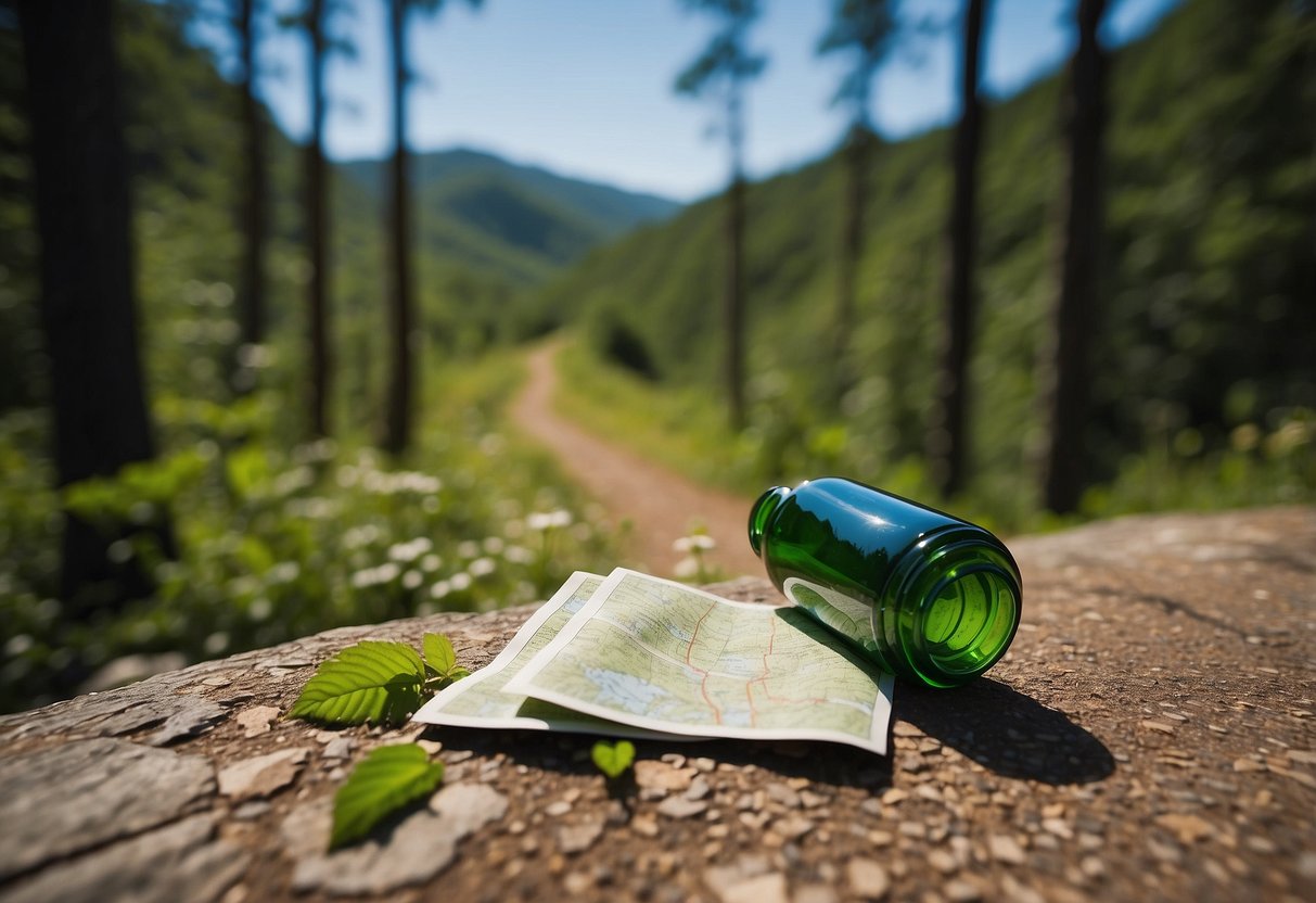 Hiking trail with lush green trees, clear blue skies, and a winding path. A water bottle, healthy snacks, and a map are scattered on the ground