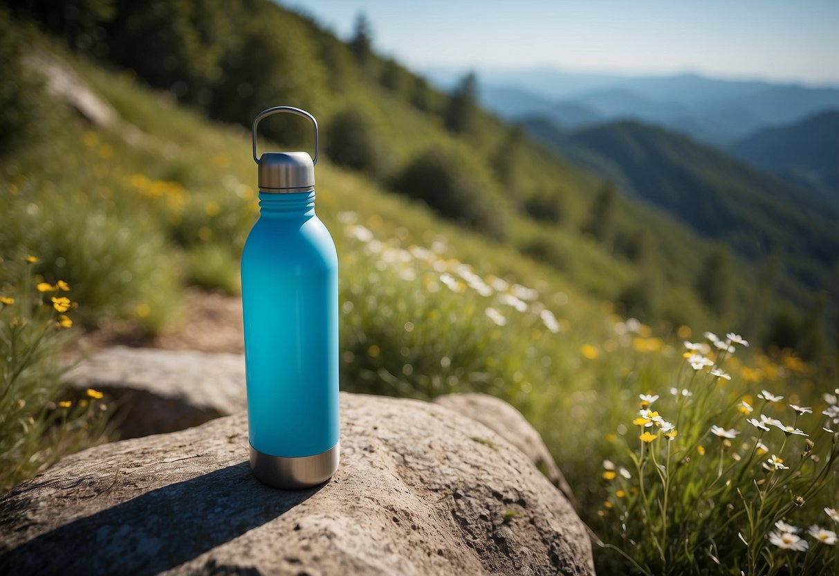 A hiking trail with lush greenery, a clear blue sky, and a reusable water bottle placed on a rock, surrounded by wildflowers