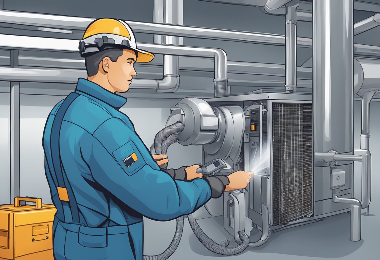 A technician in a uniform operates a powerful air duct cleaning machine in a commercial building, surrounded by ductwork and equipment