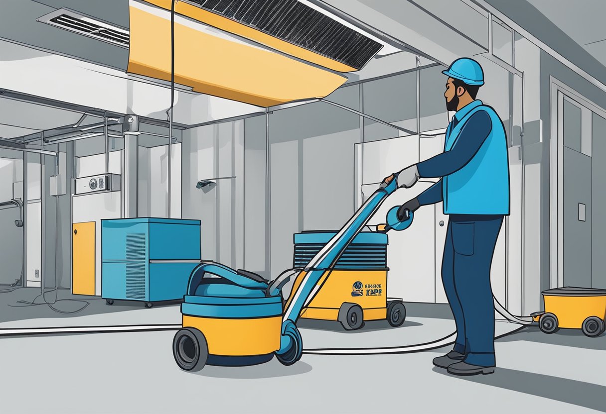 A technician uses eco-friendly equipment to clean air ducts in a commercial building in Knoxville, TN, promoting sustainability