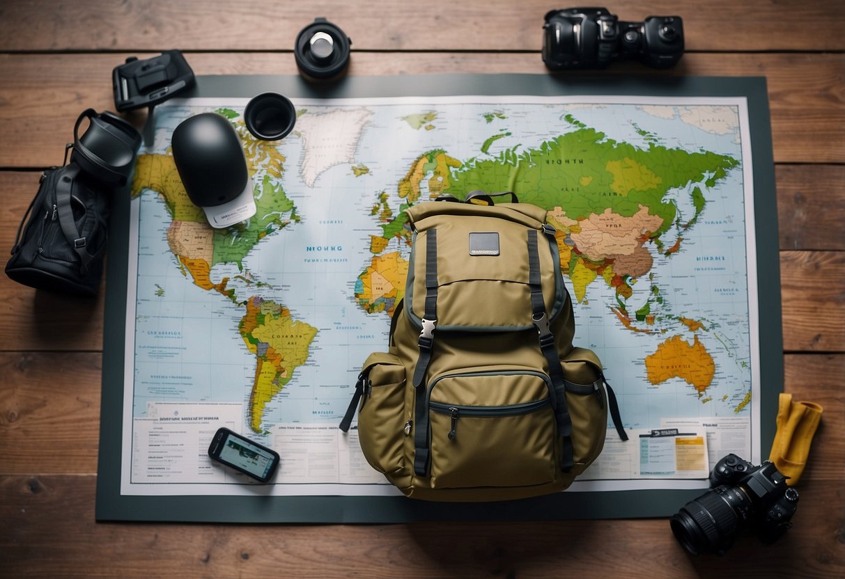 A map laid out on a table, surrounded by hiking gear and a weather forecast on a screen. A backpack sits ready to be packed