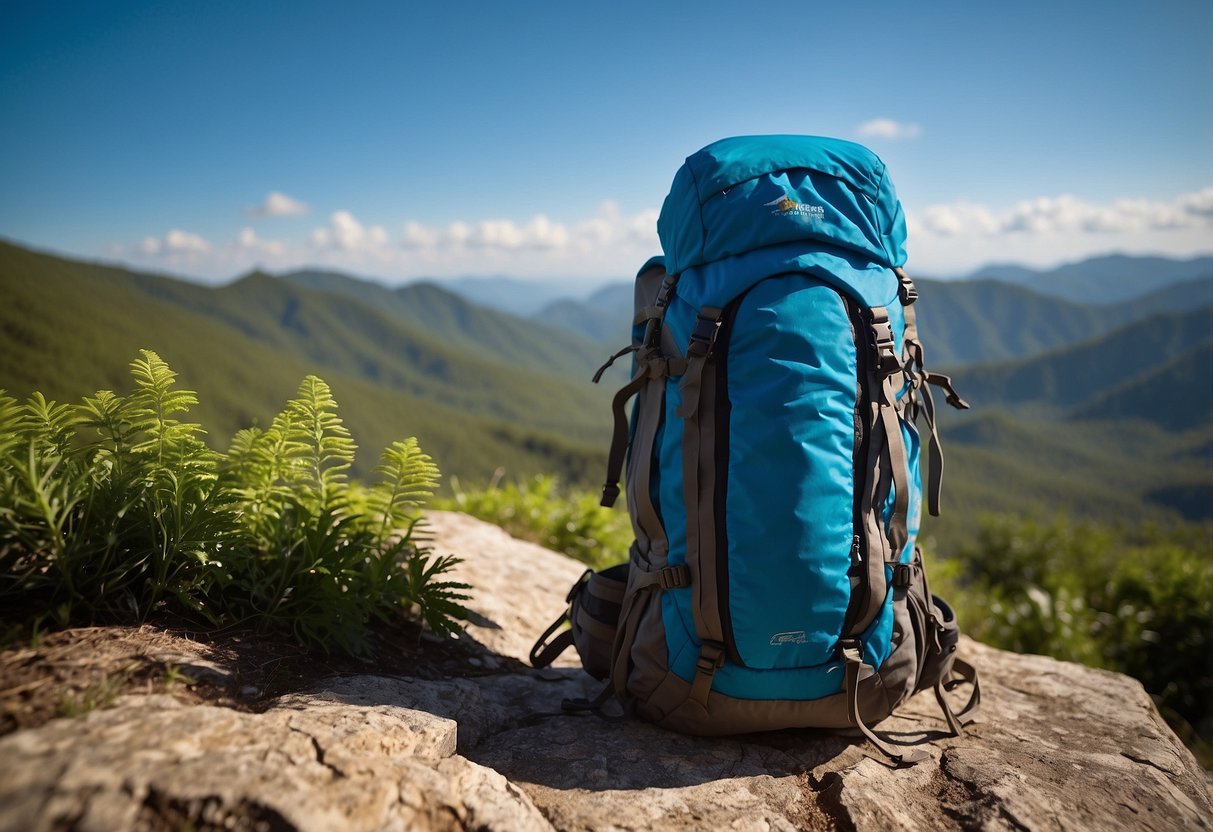 A hiker's backpack with a water bottle, surrounded by lush greenery and a clear blue sky, emphasizing the importance of hydration on the trail