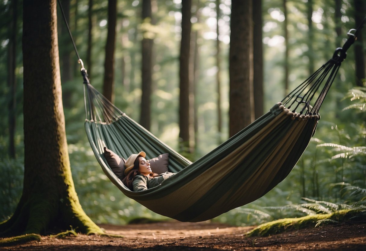 A serene forest clearing with a hammock strung between two trees, showcasing the 5 best lightweight hammocks for backpacking