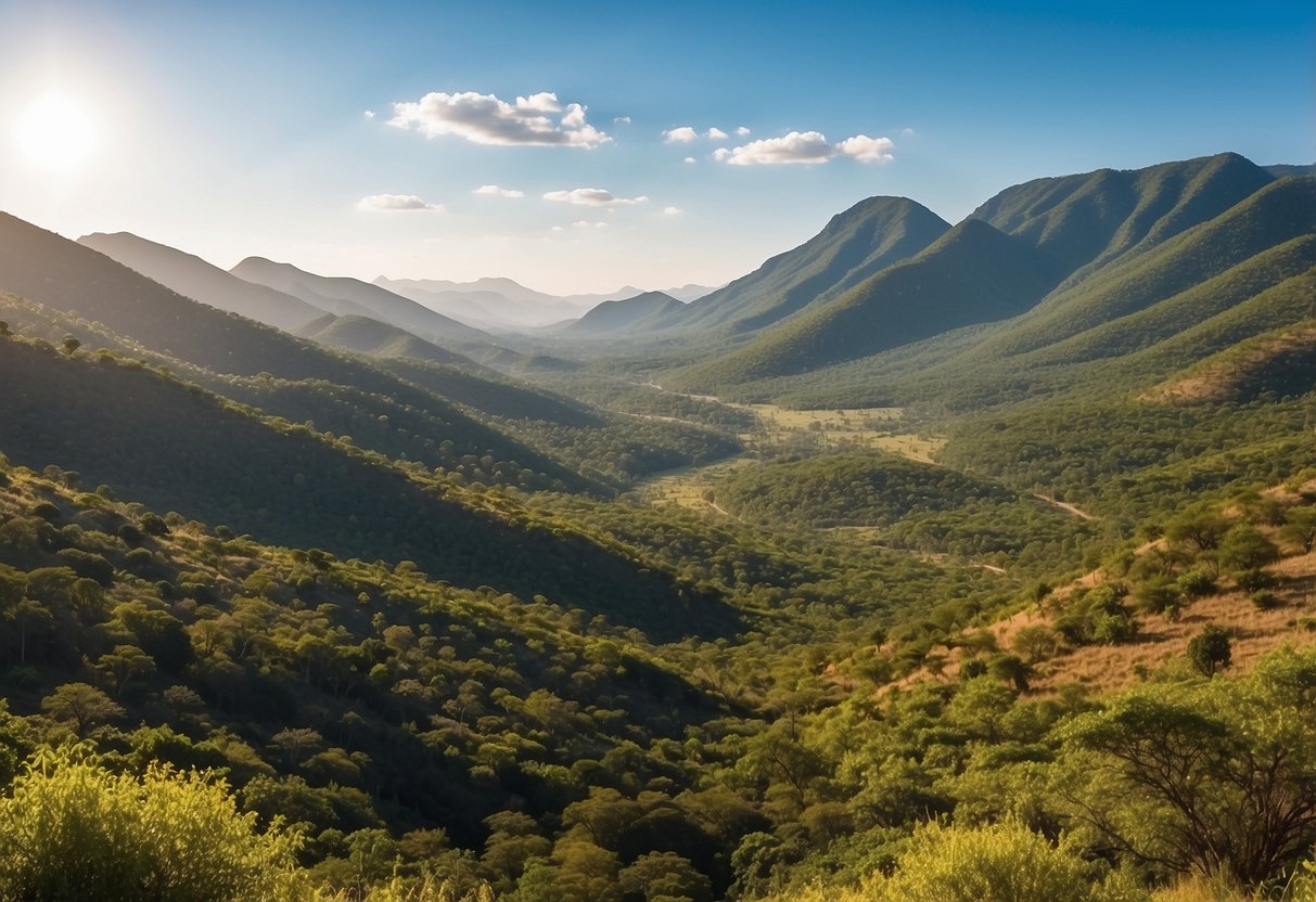 Lush African landscapes with winding trails through mountains, forests, and savannas. Clear blue skies and diverse wildlife