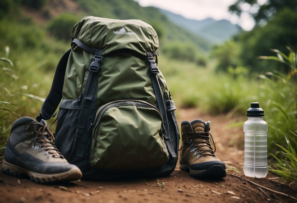 A backpack, hiking boots, map, water bottle, and tent lay on the ground. A trail winds through lush African scenery in the background