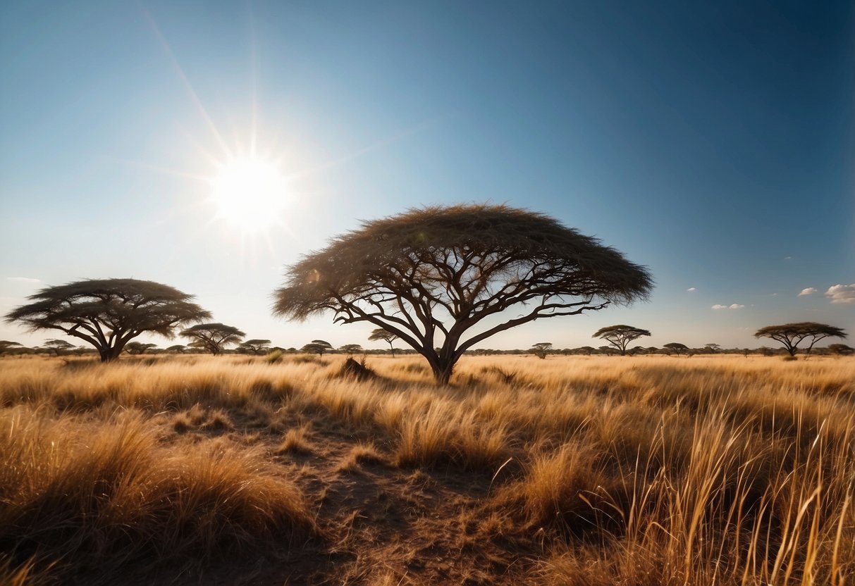 African savanna with acacia trees, dry grass, and a clear blue sky. Sun shining down with a few fluffy clouds