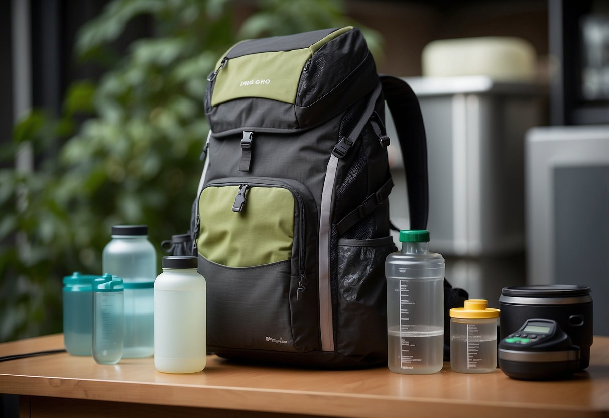 A backpack with lightweight gear, a scale showing decreasing weight, a checklist of essentials, a water filtration system, and compact food items