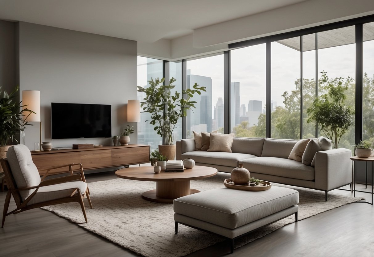 A modern living room with sleek, minimalist furniture in neutral tones. Clean lines, mixed materials, and sustainable designs reflect current industry trends
