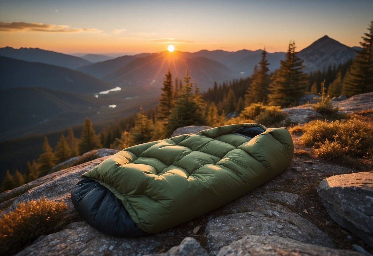 A down sleeping bag lays on a rock, surrounded by lightweight camping gear. The sun sets behind a mountain, casting warm light on the scene