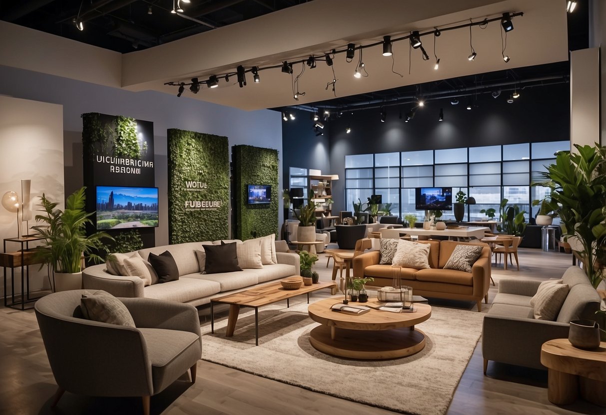 A bustling furniture showroom with modern designs, eco-friendly materials, and innovative technology. Customers interact with virtual reality displays and explore sustainable options