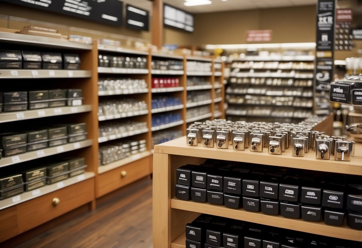 Customers browse shelves of knobs, pulls, and hinges. Aisle signs label categories like "drawer slides" and "cabinet locks." The store's logo hangs above the checkout counter