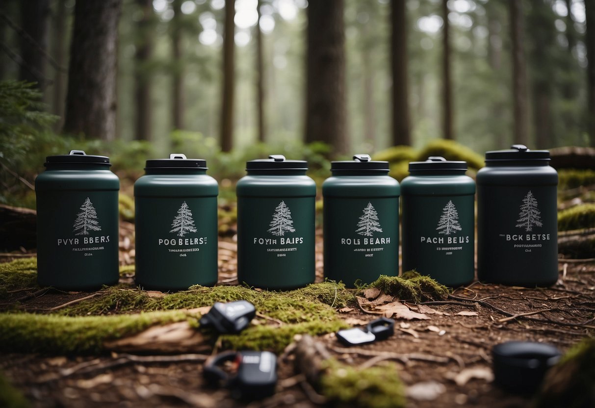 Five bear canisters arranged on a forest floor, surrounded by scattered backpacking gear and a campfire. The canisters are labeled with different brand names and have visible locking mechanisms