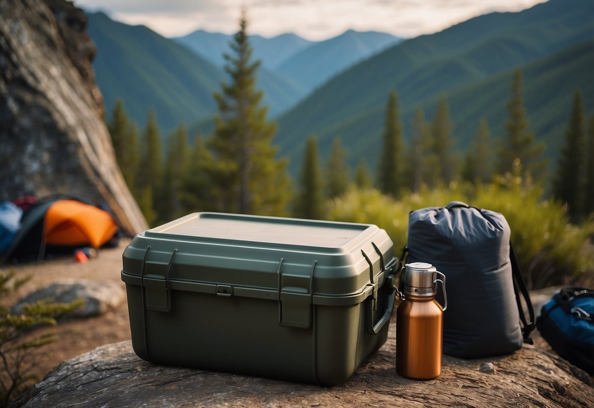 A sturdy Garcia bear-resistant container sits among camping gear, with a backdrop of a rugged mountain landscape