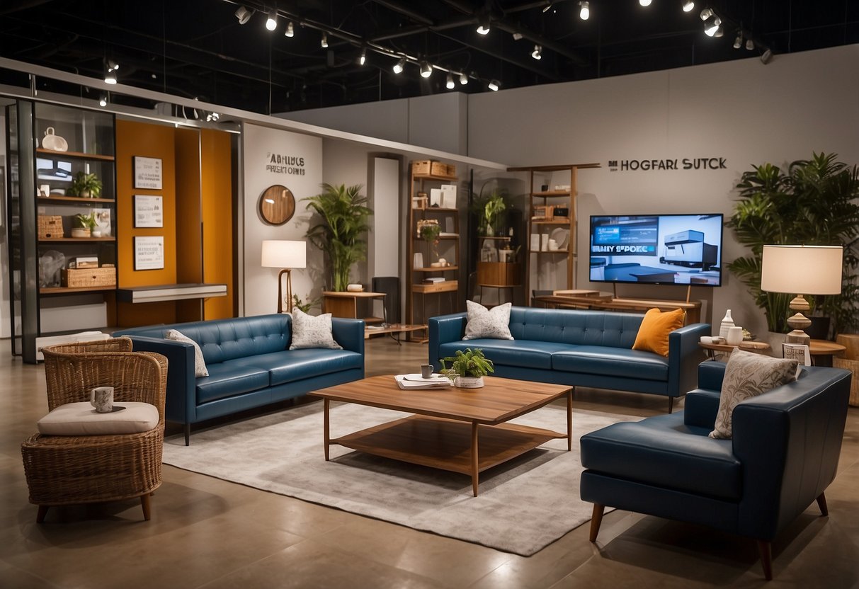 Various furniture pieces displayed in a showroom, with logos of key industry players visible. Regional market data charts and graphs are shown in the background