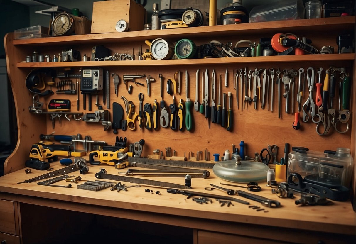 A cluttered workbench with various tools, screws, nails, and measuring tape. Shelves lined with hardware such as hinges, knobs, and drawer pulls