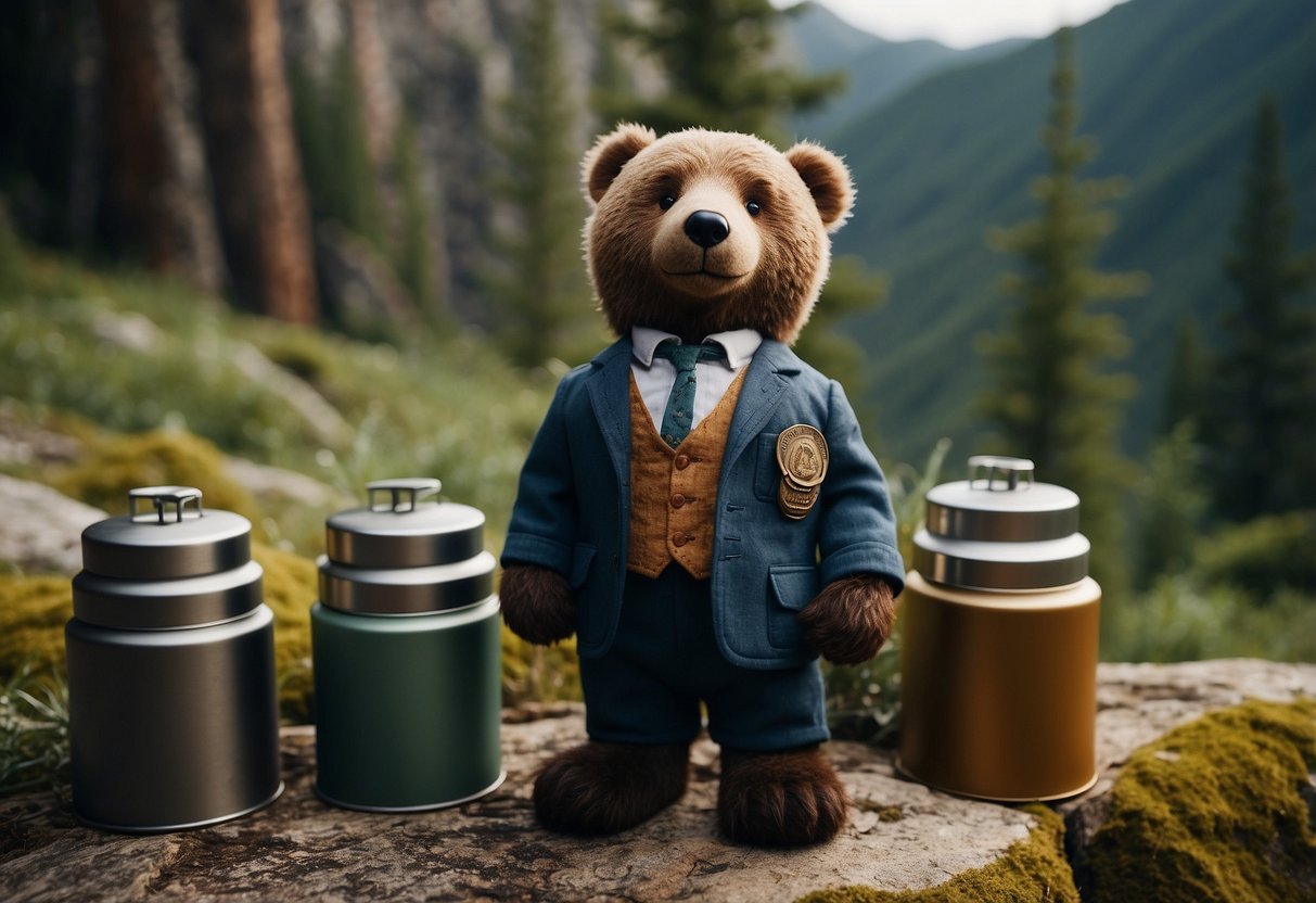 A bearikade blazer stands in the wilderness, surrounded by five bear canisters. The rugged terrain and lush foliage create a sense of adventure and exploration