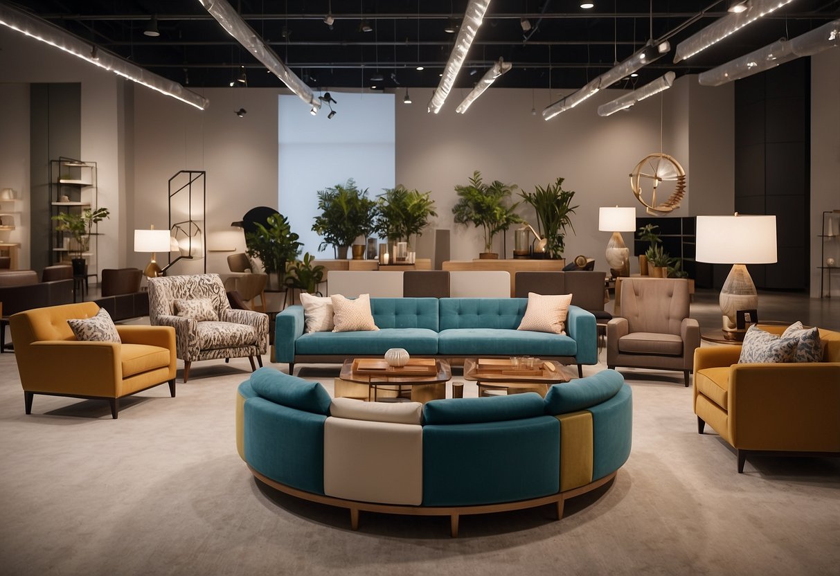 A group of diverse furniture pieces arranged in a showroom, with modern and traditional designs. A sign with "Frequently Asked Questions" and industry trend information displayed prominently