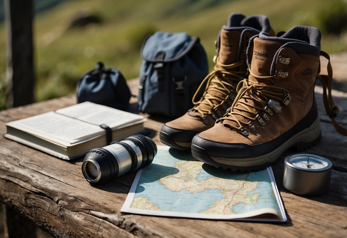 Hiking boots, a backpack, a map, and a compass laid out on a table. A water bottle and energy bars sit nearby. A notebook with training tips is open