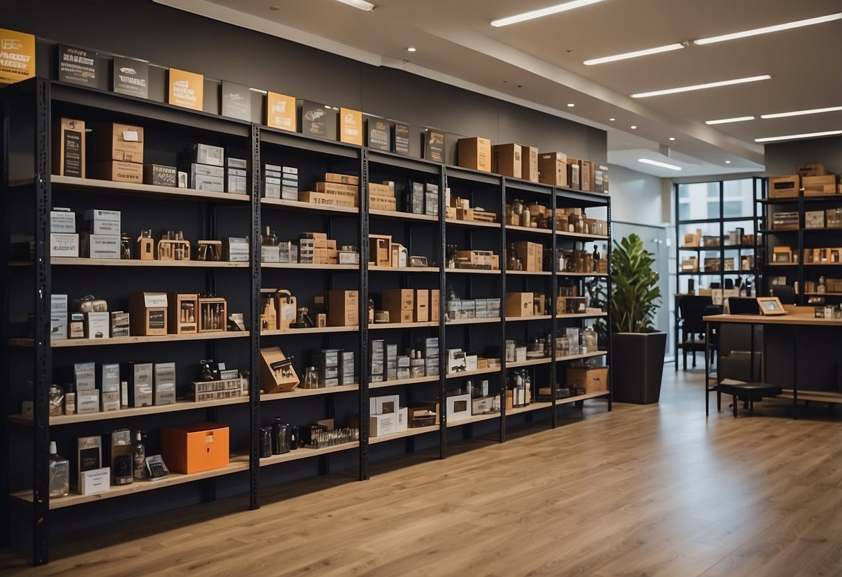 Shelves lined with various furniture hardware products, customers browsing, staff assisting, signage indicating "Frequently Asked Questions" section