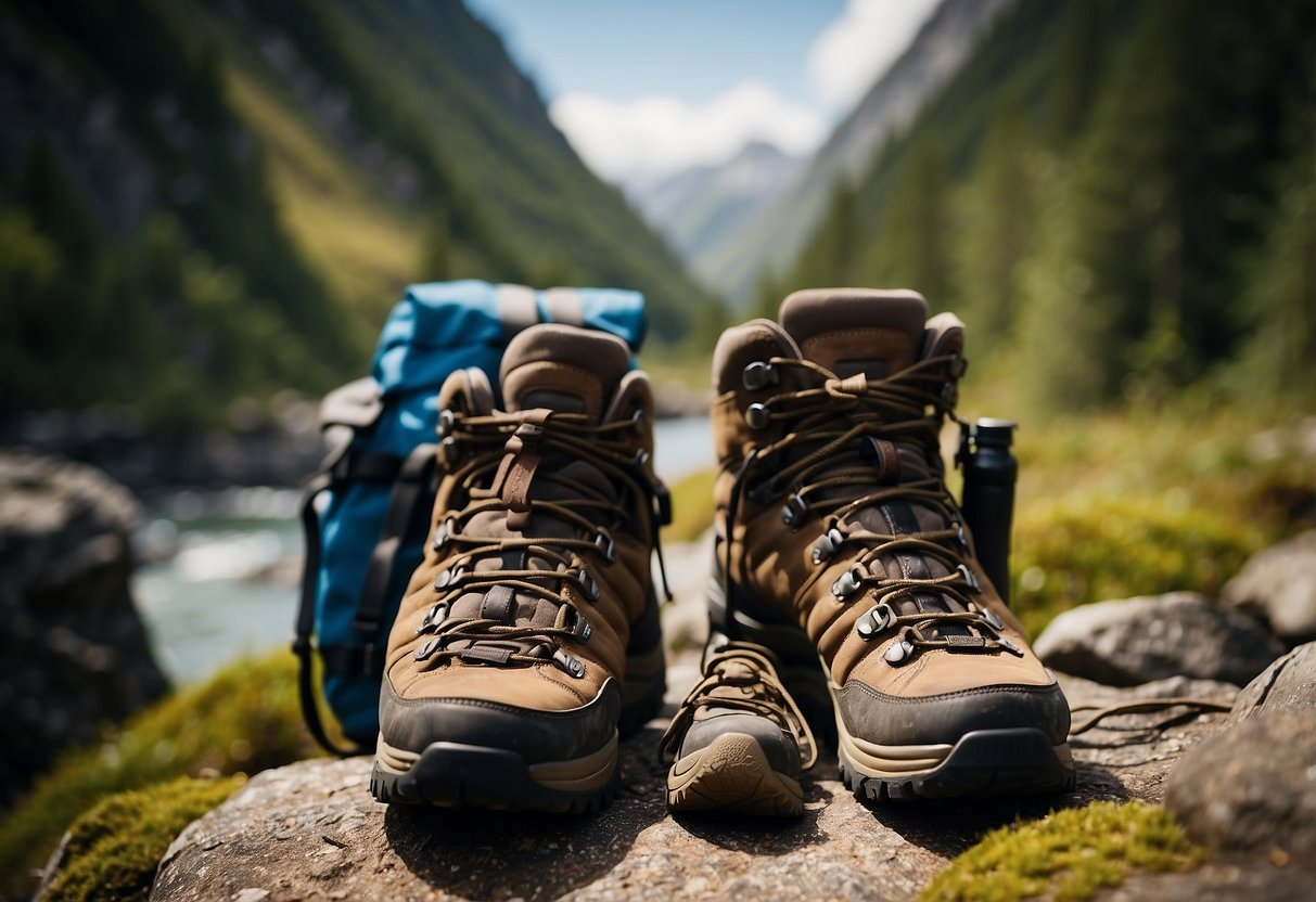 A pair of sturdy hiking boots surrounded by a backpack, map, water bottle, and other outdoor gear. The boots are well-worn, showing signs of previous adventures