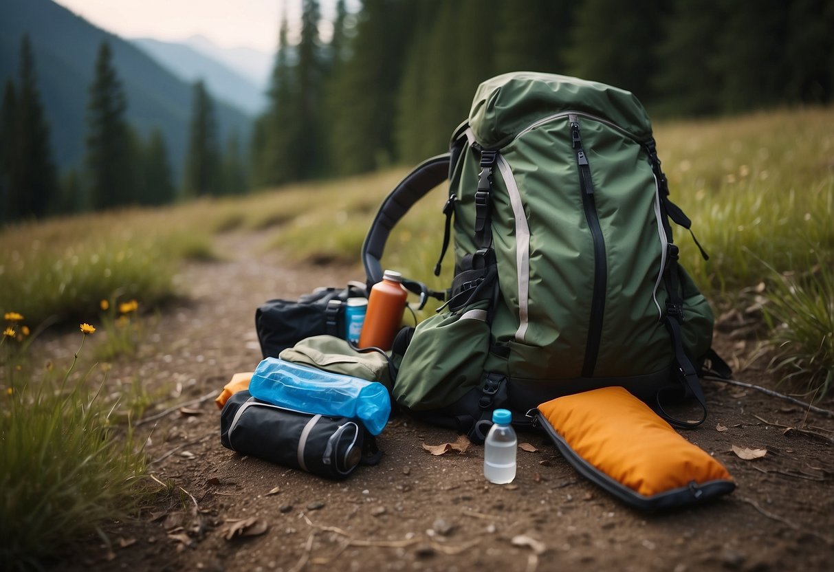 A backpack lies open on the ground, with gear spilling out. A map, compass, and hiking boots are scattered nearby. A water bottle and snack pack are half-hidden under a pile of clothes and a sleeping bag