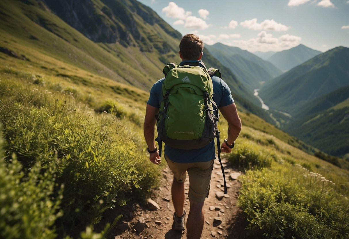 A hiker trekking uphill with a loaded backpack, surrounded by rugged terrain and lush greenery. The sun is shining, and the hiker's breathing is steady as they build up cardiovascular endurance for their backpacking trip