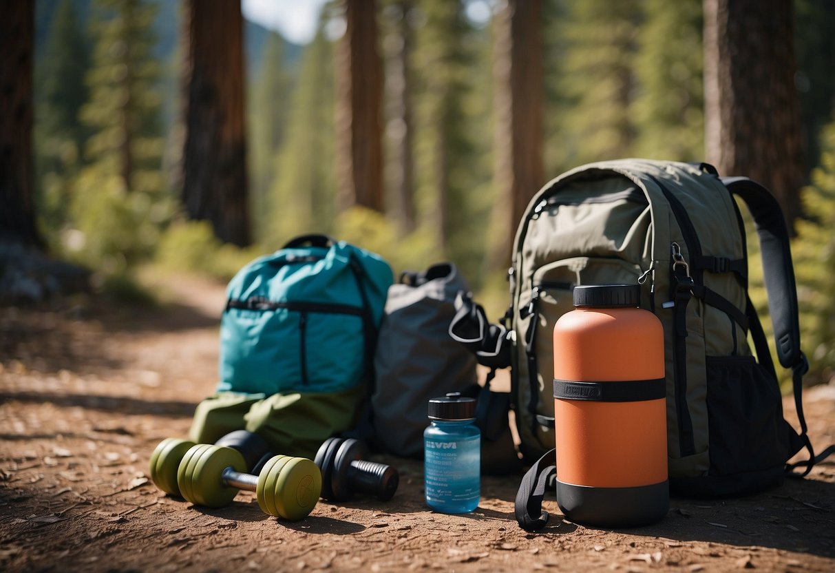 A backpacking trip training scene: Dumbbells, resistance bands, and a backpack with weights. A person doing squats, lunges, and deadlifts. A trail map and water bottle nearby