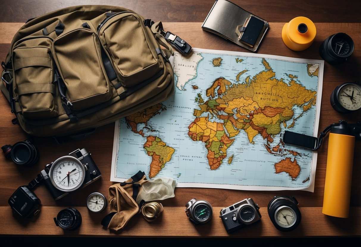 A map spread out on a table, surrounded by hiking gear and a compass. A backpack is packed with supplies, and a checklist is marked off