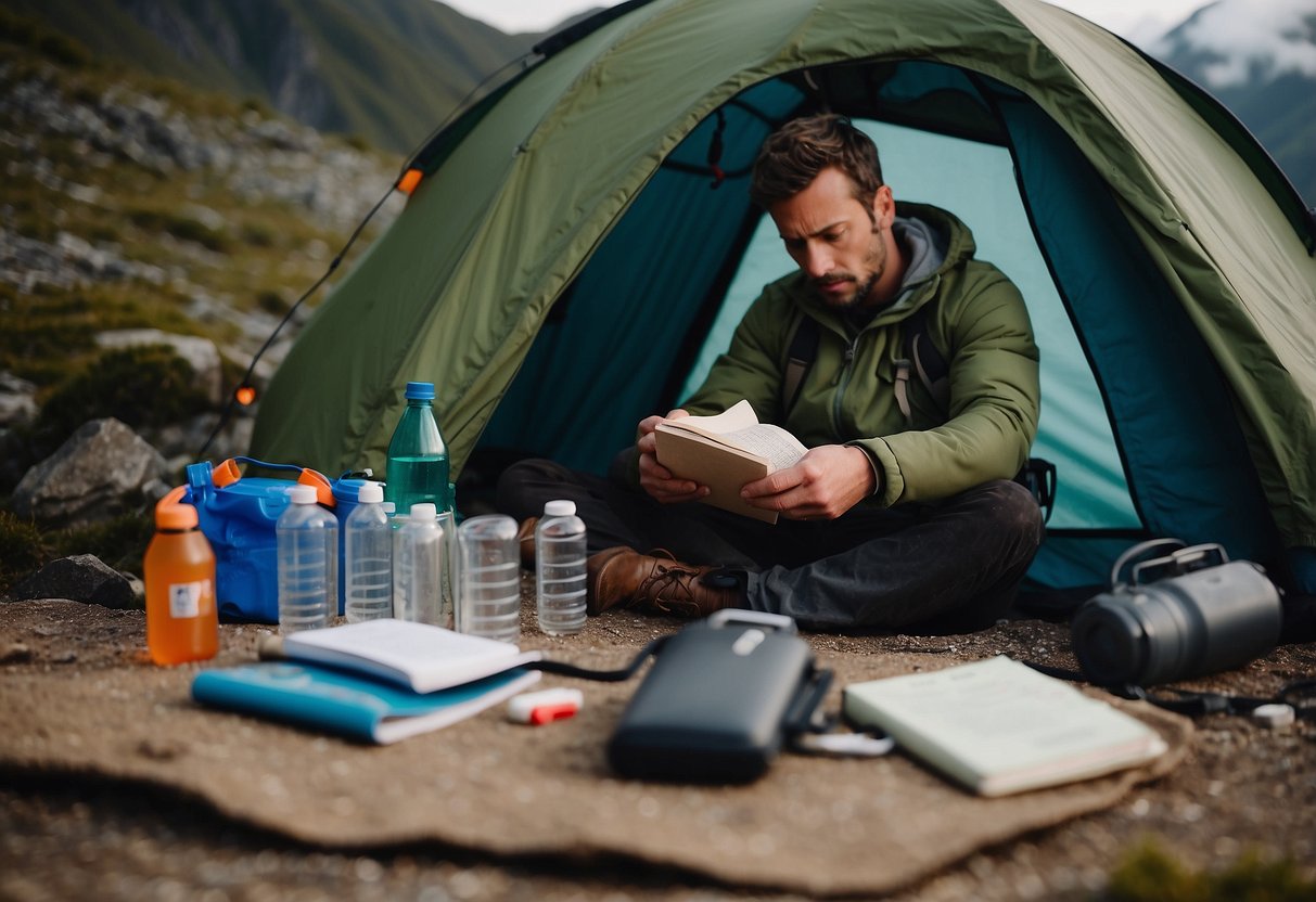 A mountainous landscape with a person resting in a tent, surrounded by water bottles, medication, and a journal. The person is holding their head, looking fatigued and nauseous