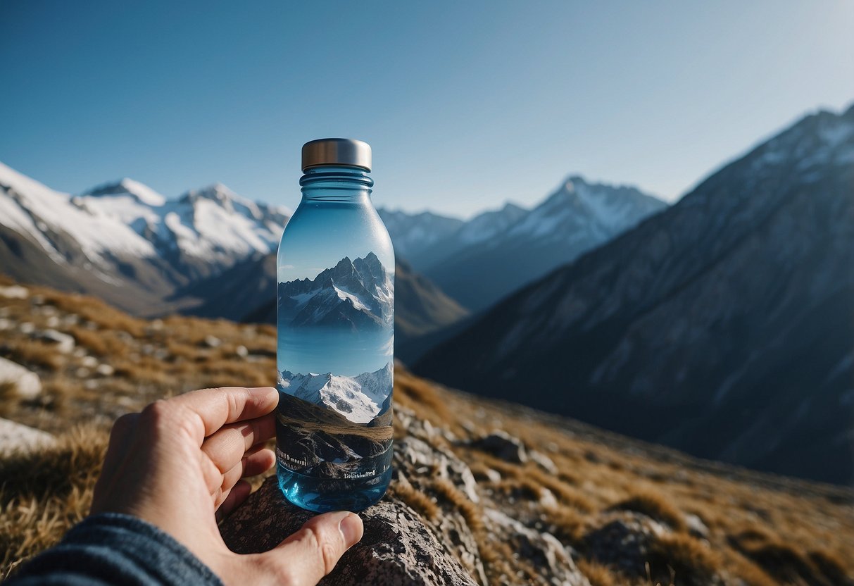 A mountain landscape with a clear blue sky, snow-capped peaks, and a person drinking water from a reusable bottle