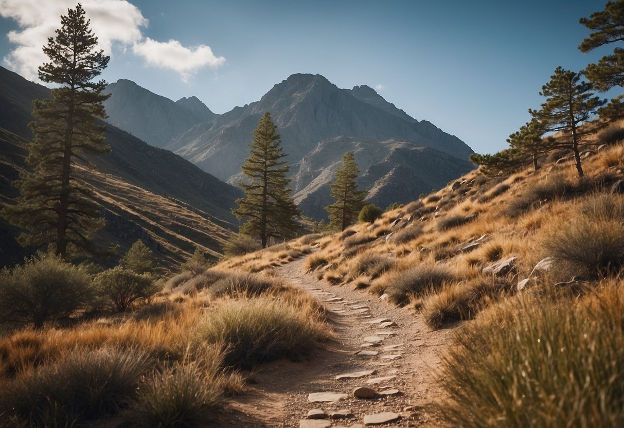 A mountain trail winds upwards, surrounded by sparse trees and rocky terrain. The air thins as the elevation increases, creating a sense of isolation and challenge