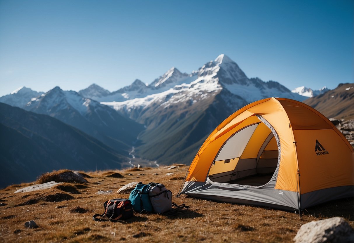 A mountain landscape with a figure resting, surrounded by snow-capped peaks and clear blue skies. A small tent and hiking gear are nearby