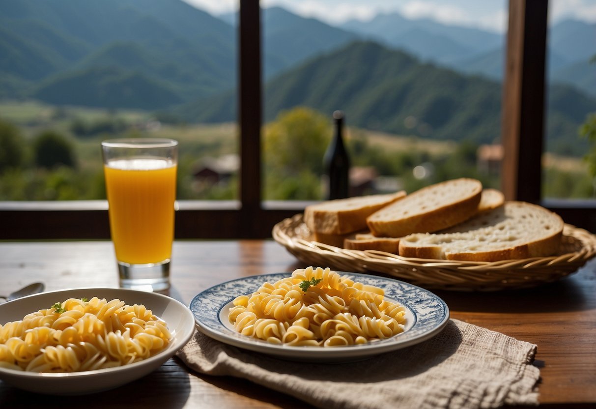 A table set with a plate of pasta, a bowl of rice, and a basket of bread. A mountain landscape visible through a window