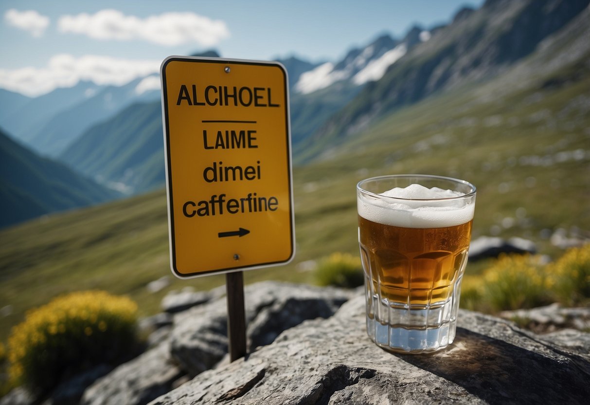 A serene mountain landscape with a clear warning sign against alcohol and caffeine. The scene should evoke a sense of caution and awareness of altitude sickness