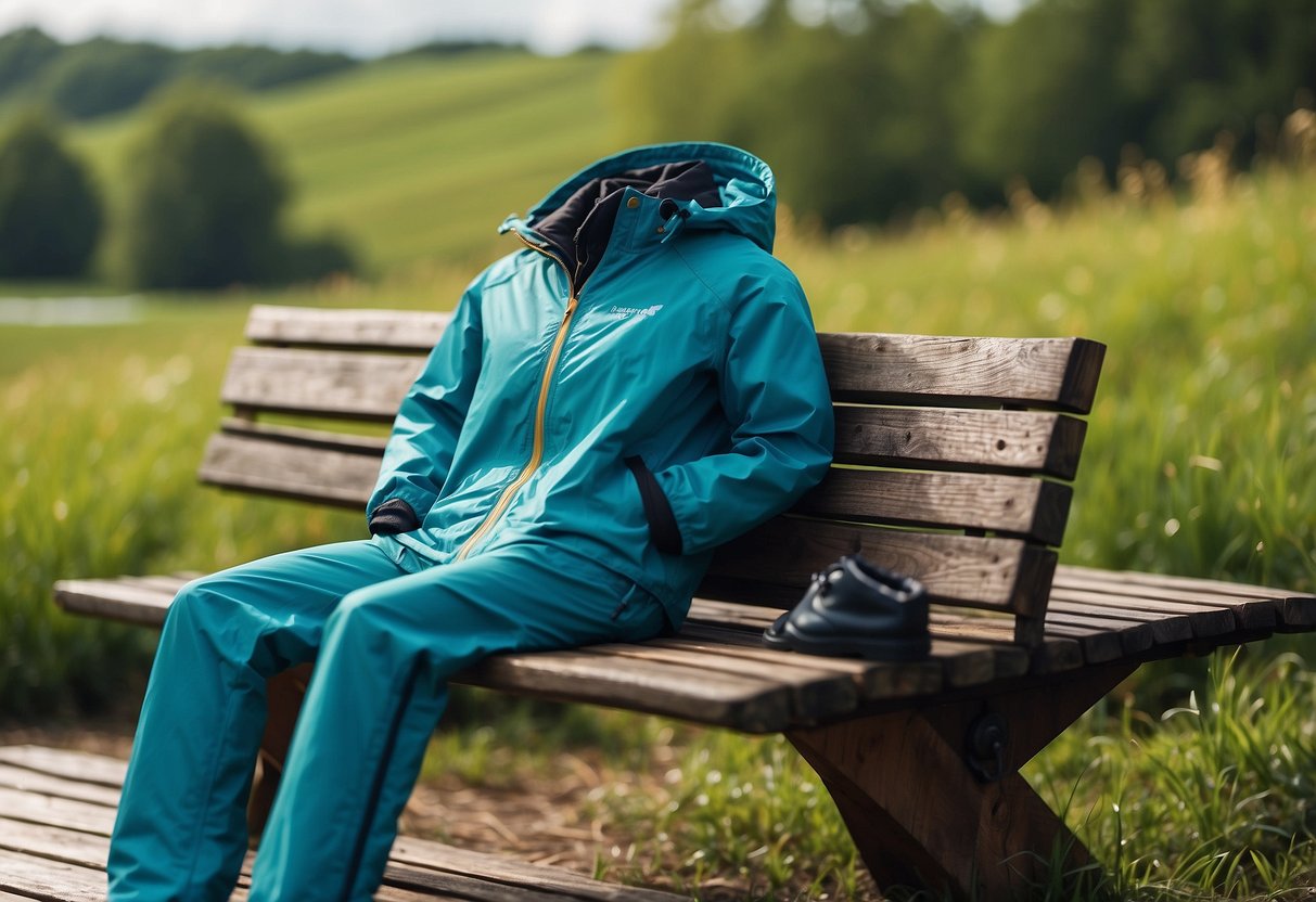 Bright blue sky, green grass, and a light drizzle. A compact, waterproof jacket and pants lie neatly folded on a wooden bench